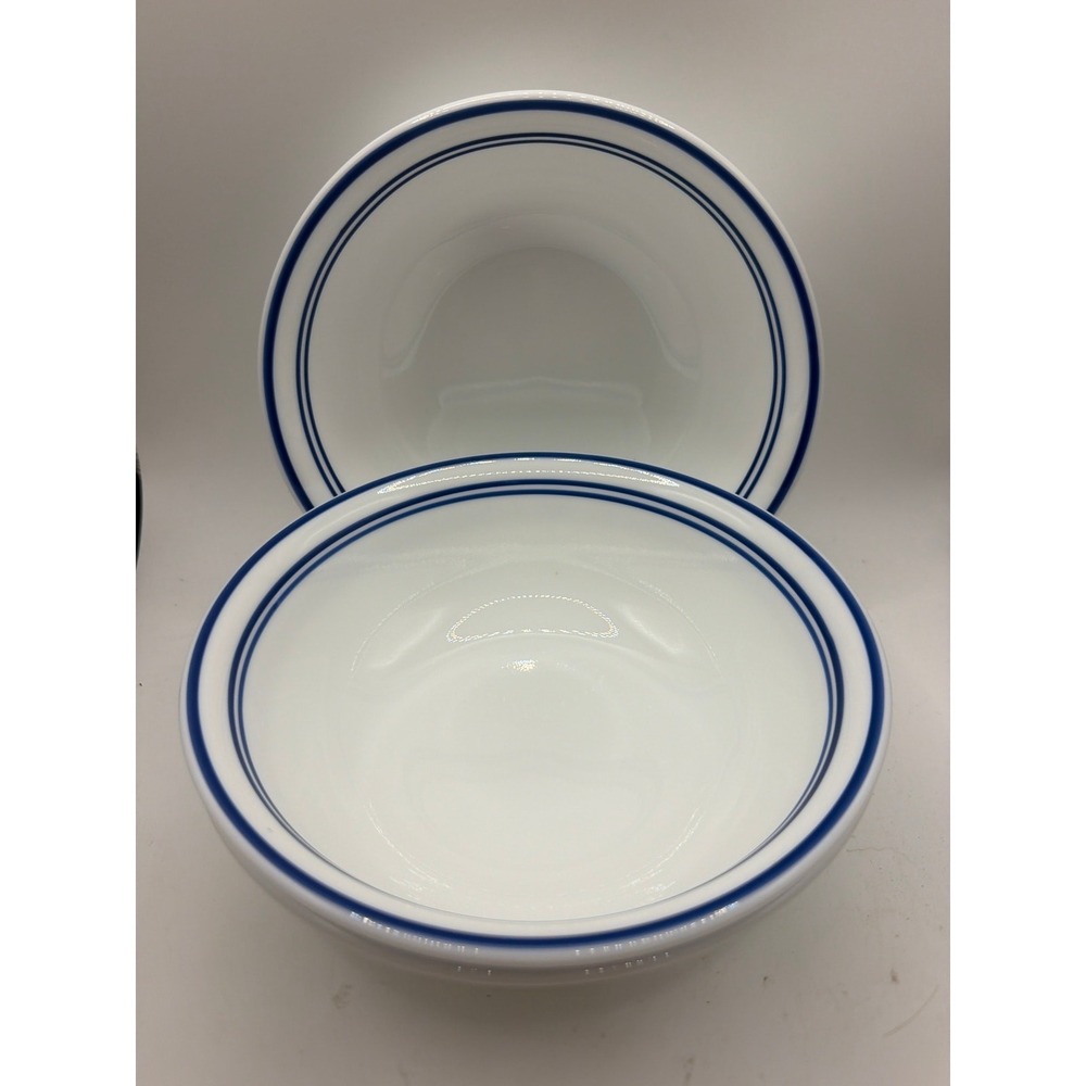 3 Corelle Vitrelle USA Classic Cafe Blue stripe 6.25" Round White Cereal Bowl